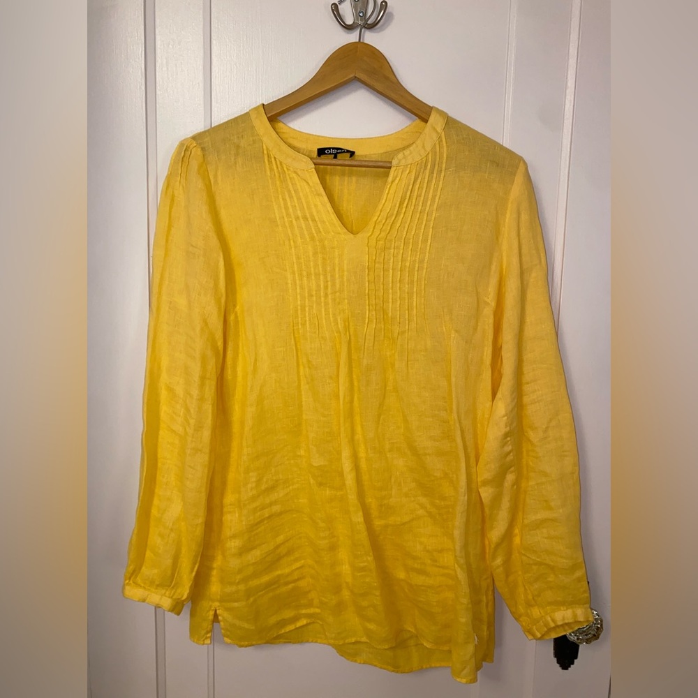 Olsen Yellow 100% Linen Pintuck Tunic Top Bright Flowy Summer Versatile Organic
